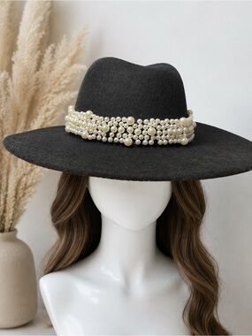 Elegant Black Fedora Hat with Pearl Band